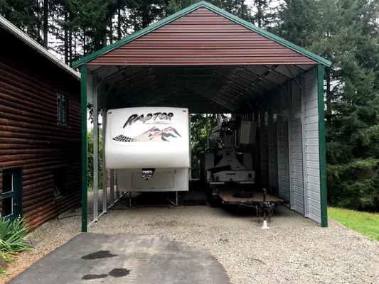 RV cover with enclosed sides beside a house