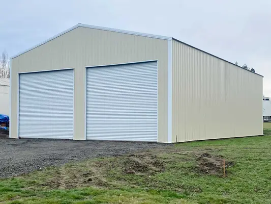 Cream two-door metal building