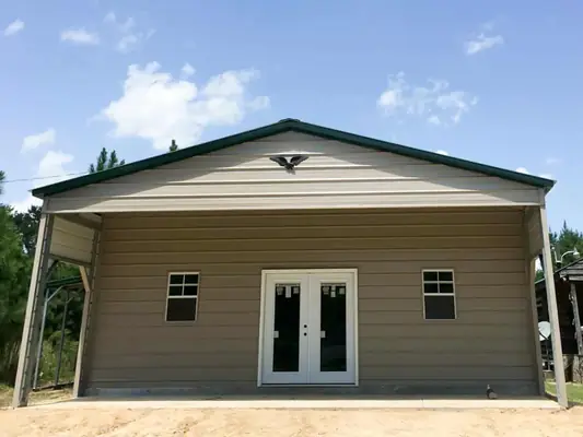 Enclosed building with a covered front porch overhang