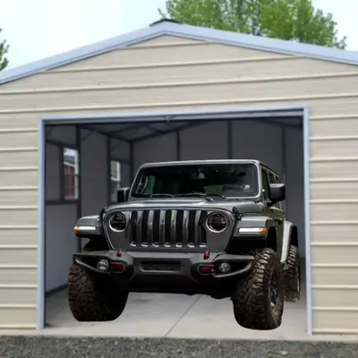 Enclosed garage with a Jeep parked inside