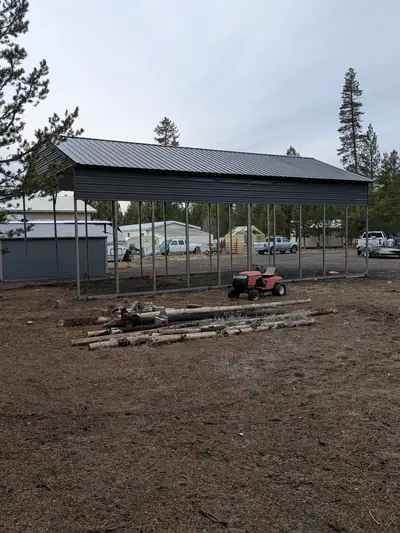 Heavy-duty metal carport, side and rear view