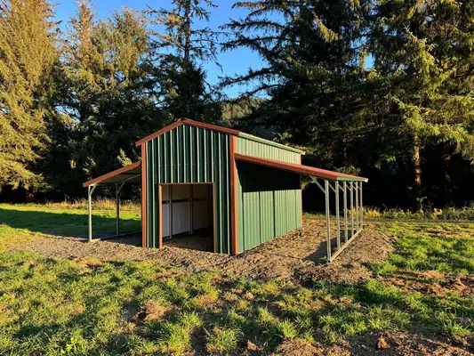 11x20x12 green garage with lean-to carports on both sides